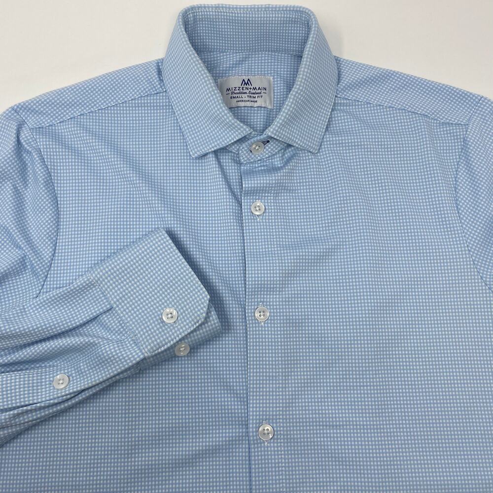 Mizzen & Main Small Light Blue Gingham Check Trim‎ Fit Long Sleeve Button Shirt